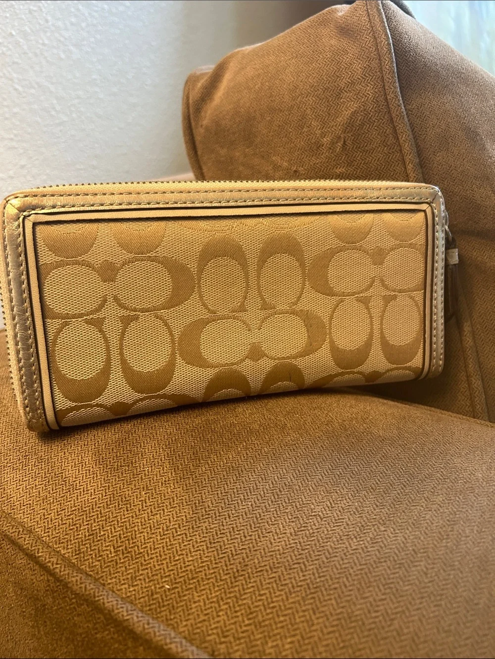 Coach Khaki/Tan Signature Continental Wallet with Heart Charm